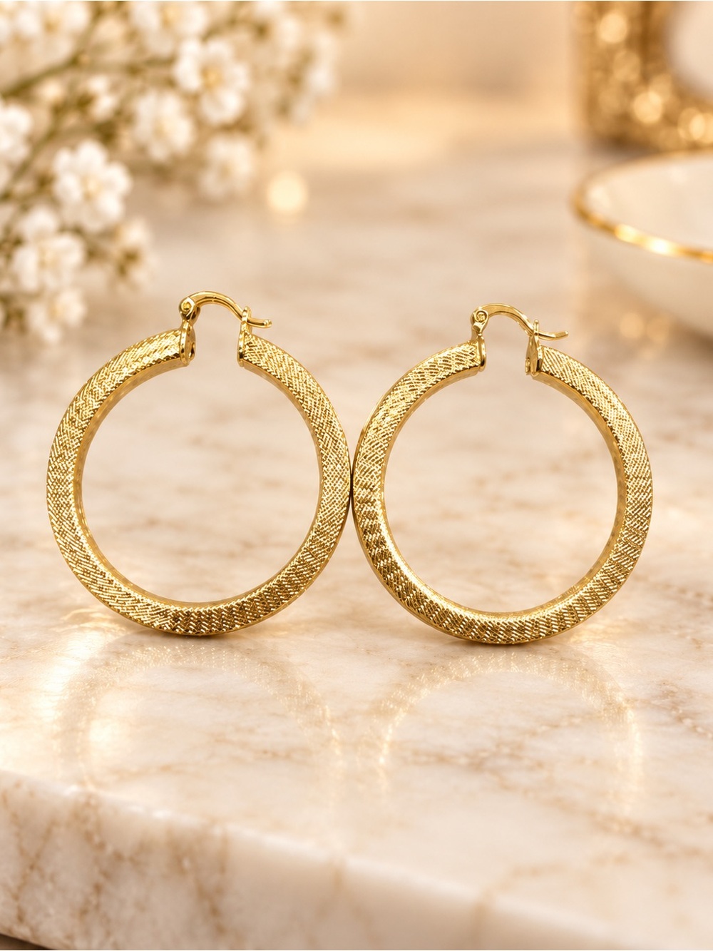 Gold Textured Hoop Earrings - Women Jewelry